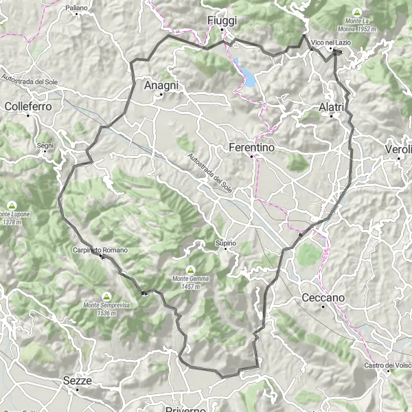 Map miniature of "Discovering the Hills of Lazio" cycling inspiration in Lazio, Italy. Generated by Tarmacs.app cycling route planner