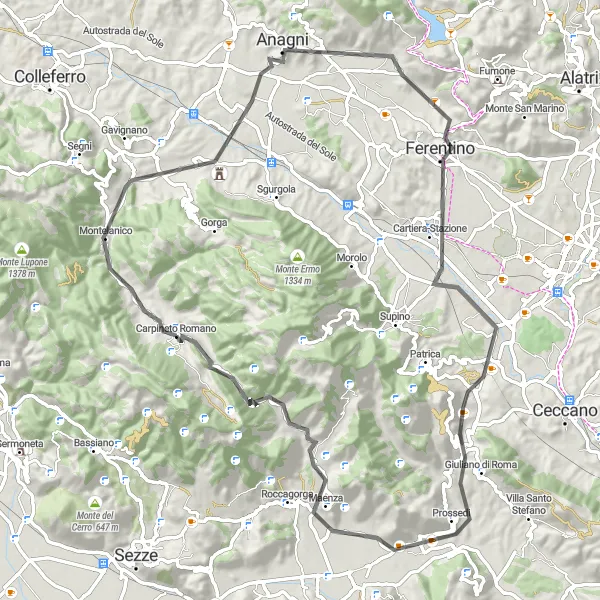 Map miniature of "Anagni Loop" cycling inspiration in Lazio, Italy. Generated by Tarmacs.app cycling route planner