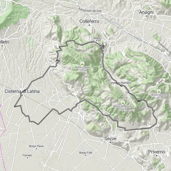 Map miniature of "The Hills of Maenza" cycling inspiration in Lazio, Italy. Generated by Tarmacs.app cycling route planner