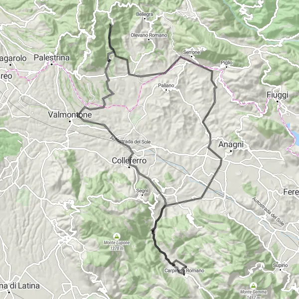 Map miniature of "Colleferro and Genazzano Adventure" cycling inspiration in Lazio, Italy. Generated by Tarmacs.app cycling route planner