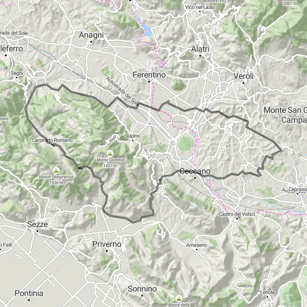 Map miniature of "Scenic Loop of Lazio" cycling inspiration in Lazio, Italy. Generated by Tarmacs.app cycling route planner