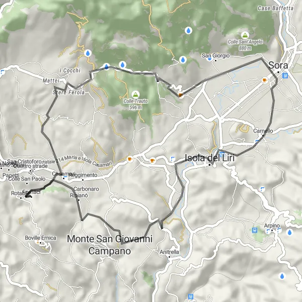 Map miniature of "Scenic Route to Monte San Giovanni Campano" cycling inspiration in Lazio, Italy. Generated by Tarmacs.app cycling route planner