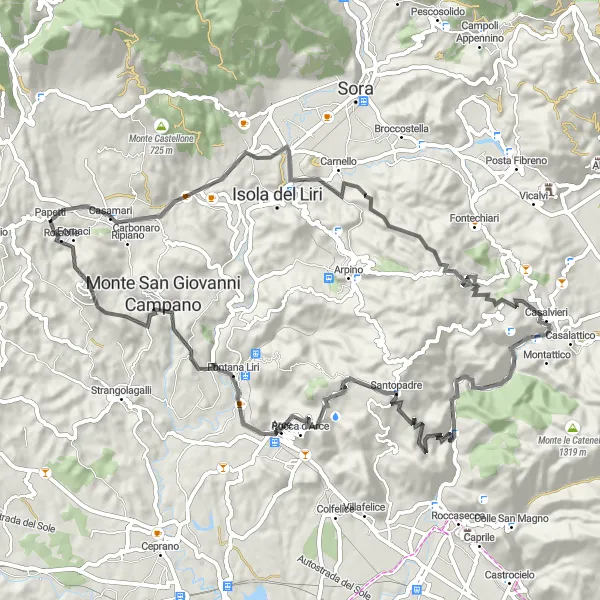 Map miniature of "Climbing Challenge: Monte di Togna and Fontana Liri" cycling inspiration in Lazio, Italy. Generated by Tarmacs.app cycling route planner