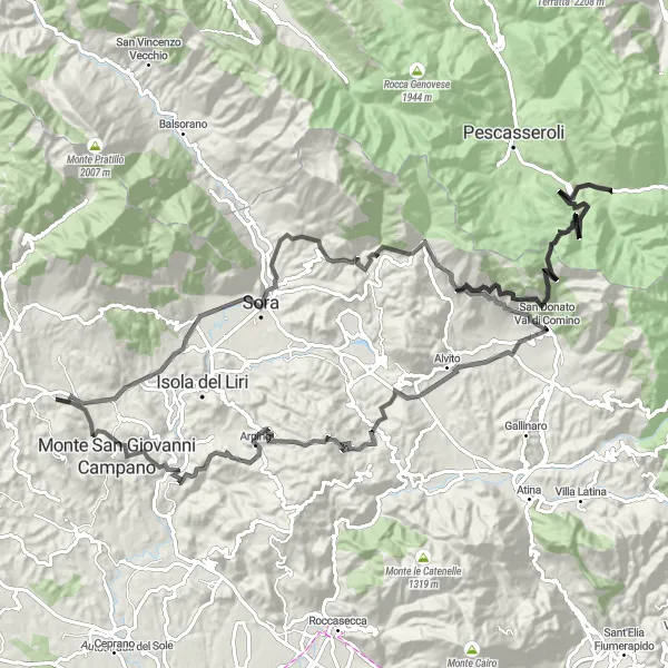 Map miniature of "Challenge of Monte Pizzuto and San Donato Val di Comino" cycling inspiration in Lazio, Italy. Generated by Tarmacs.app cycling route planner