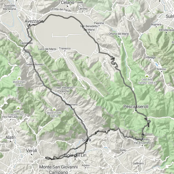 Miniatura della mappa di ispirazione al ciclismo "Giro in bicicletta attraverso i Monti Marsicani" nella regione di Lazio, Italy. Generata da Tarmacs.app, pianificatore di rotte ciclistiche