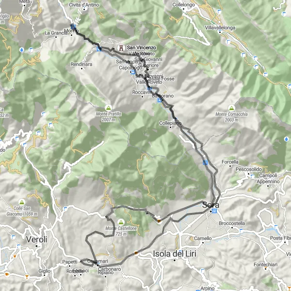 Miniatura della mappa di ispirazione al ciclismo "Giro tra Sora e Balsorano" nella regione di Lazio, Italy. Generata da Tarmacs.app, pianificatore di rotte ciclistiche