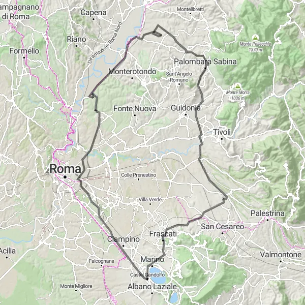 Miniatura della mappa di ispirazione al ciclismo "Raid storico tra Roma e i Castelli Romani" nella regione di Lazio, Italy. Generata da Tarmacs.app, pianificatore di rotte ciclistiche