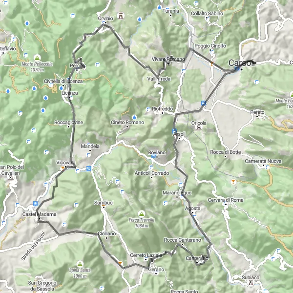 Miniatura della mappa di ispirazione al ciclismo "Tour Stradale da Castel Madama a Agosta" nella regione di Lazio, Italy. Generata da Tarmacs.app, pianificatore di rotte ciclistiche