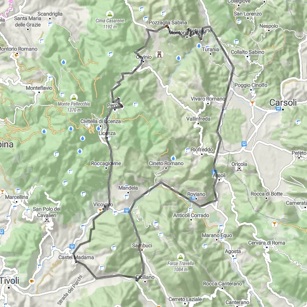 Map miniature of "Historical Villages and Scenic Roads Road Route" cycling inspiration in Lazio, Italy. Generated by Tarmacs.app cycling route planner