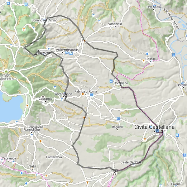 Miniatura della mappa di ispirazione al ciclismo "Giro in Bicicletta tra Nepi e Civita Castellana" nella regione di Lazio, Italy. Generata da Tarmacs.app, pianificatore di rotte ciclistiche