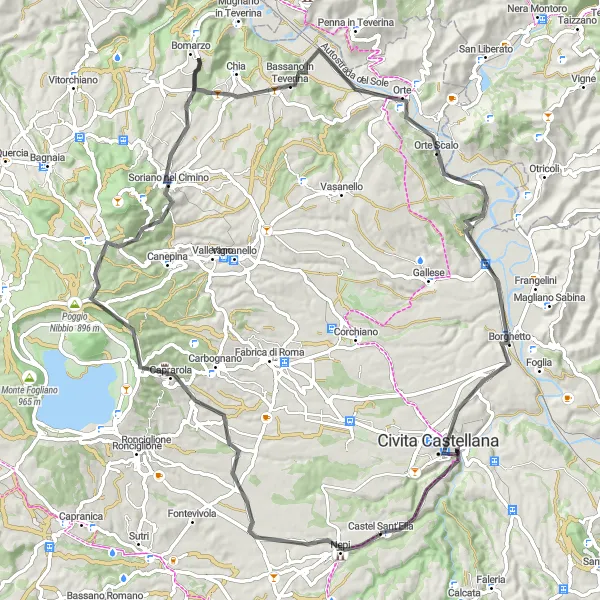 Miniatura della mappa di ispirazione al ciclismo "Giro panoramico in bicicletta da Castel Sant'Elia a Monte Lombrica" nella regione di Lazio, Italy. Generata da Tarmacs.app, pianificatore di rotte ciclistiche