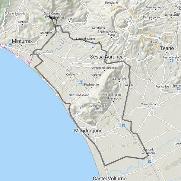 Map miniature of "Coastal Adventure to Comprensorio archeologico di Minturnae" cycling inspiration in Lazio, Italy. Generated by Tarmacs.app cycling route planner