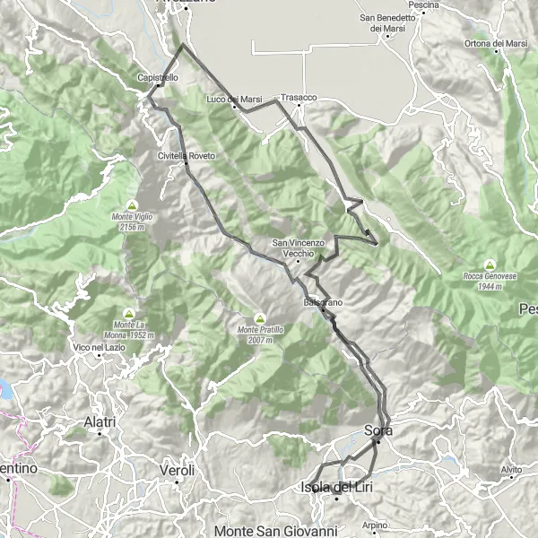 Miniatura della mappa di ispirazione al ciclismo "Giro in bicicletta Castelliri - Isola del Liri" nella regione di Lazio, Italy. Generata da Tarmacs.app, pianificatore di rotte ciclistiche