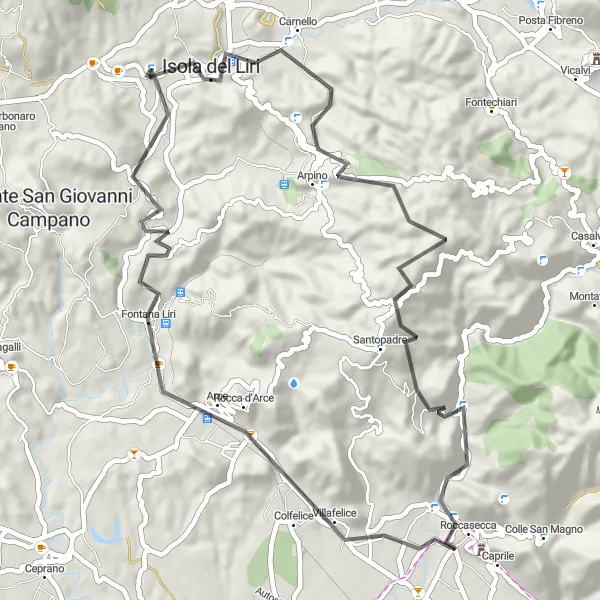 Map miniature of "Road Route to Isola del Liri" cycling inspiration in Lazio, Italy. Generated by Tarmacs.app cycling route planner