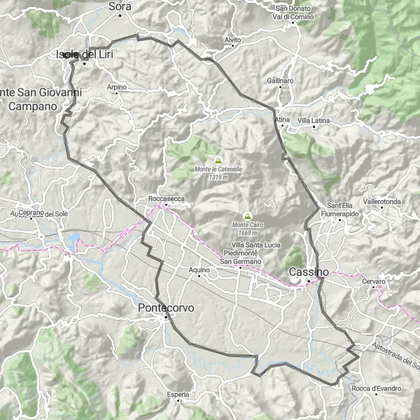 Map miniature of "The Valley Ride" cycling inspiration in Lazio, Italy. Generated by Tarmacs.app cycling route planner