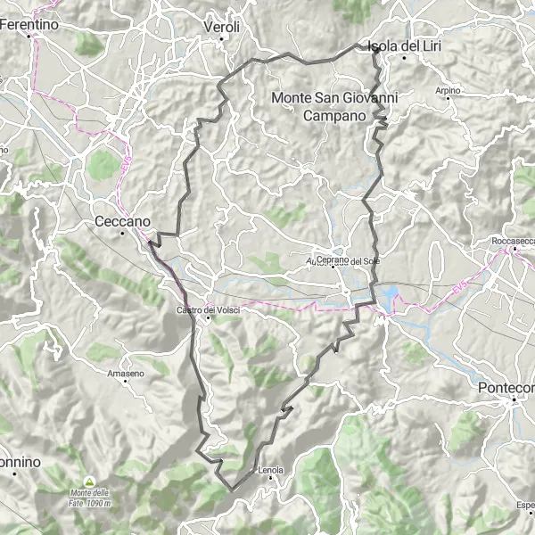Map miniature of "Road Adventure through Liri Valley" cycling inspiration in Lazio, Italy. Generated by Tarmacs.app cycling route planner