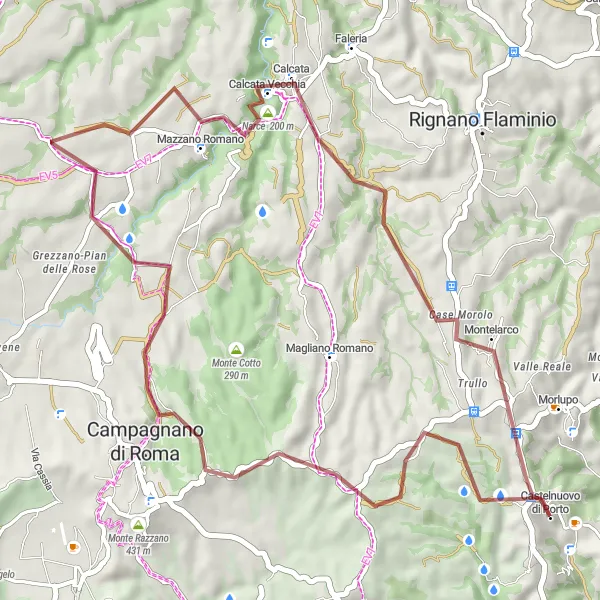Miniatura della mappa di ispirazione al ciclismo "Traversata in mountain bike tra Castelnuovo di Porto e Calcata" nella regione di Lazio, Italy. Generata da Tarmacs.app, pianificatore di rotte ciclistiche