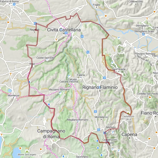 Miniatura della mappa di ispirazione al ciclismo "Giro in bici su strade sterrate vicino a Castelnuovo di Porto" nella regione di Lazio, Italy. Generata da Tarmacs.app, pianificatore di rotte ciclistiche