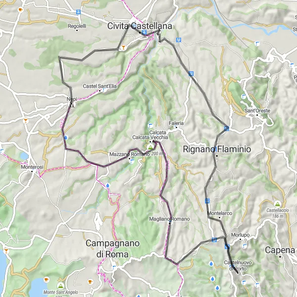 Miniatura della mappa di ispirazione al ciclismo "Giro in bici da Castelnuovo di Porto attraverso Monti Sabatini" nella regione di Lazio, Italy. Generata da Tarmacs.app, pianificatore di rotte ciclistiche