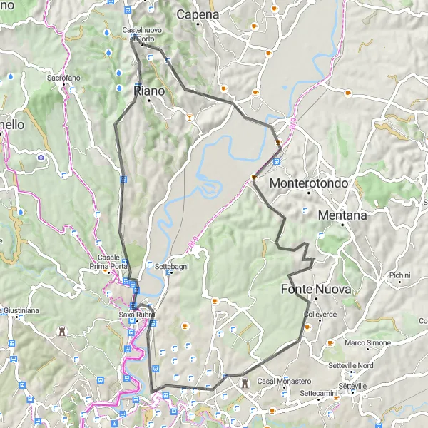 Miniatura della mappa di ispirazione al ciclismo "Giro cicloturistico tra Castelnuovo di Porto e Monte Marielle" nella regione di Lazio, Italy. Generata da Tarmacs.app, pianificatore di rotte ciclistiche