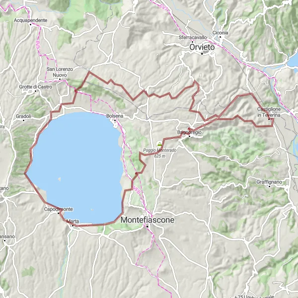 Miniatura della mappa di ispirazione al ciclismo "Giro in Gravel da Castiglione in Teverina" nella regione di Lazio, Italy. Generata da Tarmacs.app, pianificatore di rotte ciclistiche