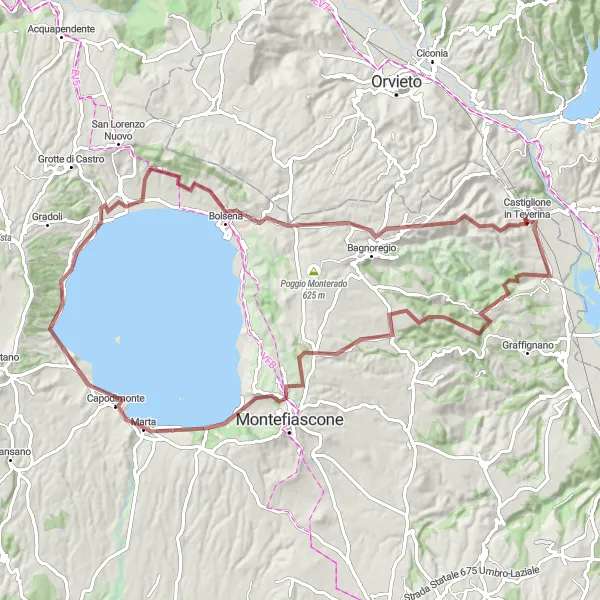 Map miniature of "Scenic Gravel Route to Bagnoregio" cycling inspiration in Lazio, Italy. Generated by Tarmacs.app cycling route planner