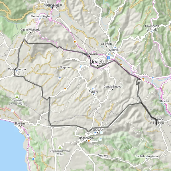 Miniatura della mappa di ispirazione al ciclismo "Giro in bicicletta attraverso la Valle dei calanchi" nella regione di Lazio, Italy. Generata da Tarmacs.app, pianificatore di rotte ciclistiche
