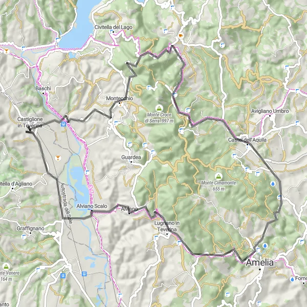 Miniatura della mappa di ispirazione al ciclismo "Esplora i borghi medievali dell'Umbria in bicicletta" nella regione di Lazio, Italy. Generata da Tarmacs.app, pianificatore di rotte ciclistiche