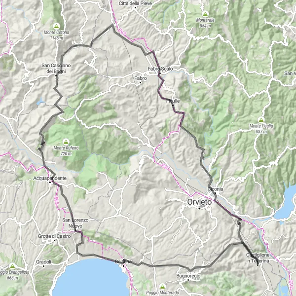 Map miniature of "Panoramic Road Cycling to San Casciano dei Bagni" cycling inspiration in Lazio, Italy. Generated by Tarmacs.app cycling route planner