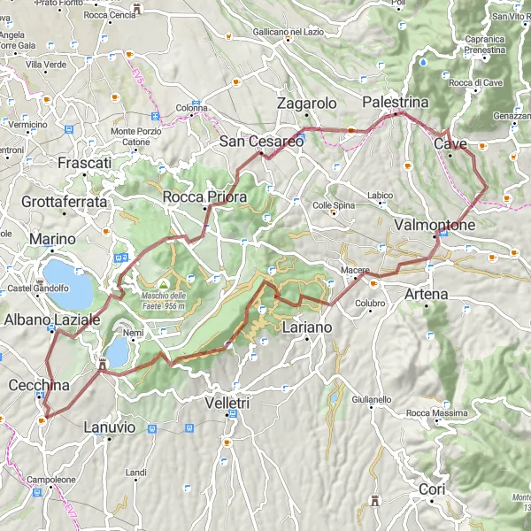 Map miniature of "Valmontone and Monte Peschio Gravel Ride" cycling inspiration in Lazio, Italy. Generated by Tarmacs.app cycling route planner