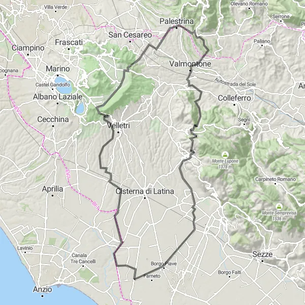 Miniatura della mappa di ispirazione al ciclismo "Giro in bici di 125 km da Cave a Valmontone" nella regione di Lazio, Italy. Generata da Tarmacs.app, pianificatore di rotte ciclistiche