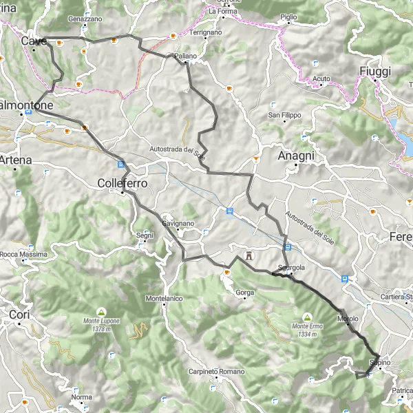 Map miniature of "The Paliano Loop" cycling inspiration in Lazio, Italy. Generated by Tarmacs.app cycling route planner