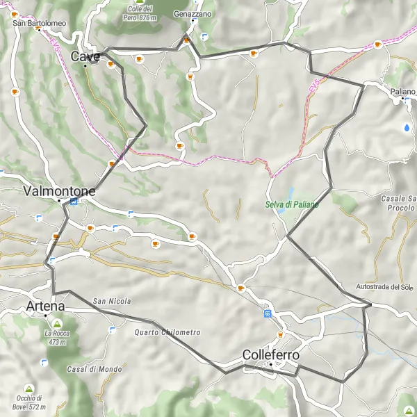 Map miniature of "The Genazzano Adventure" cycling inspiration in Lazio, Italy. Generated by Tarmacs.app cycling route planner