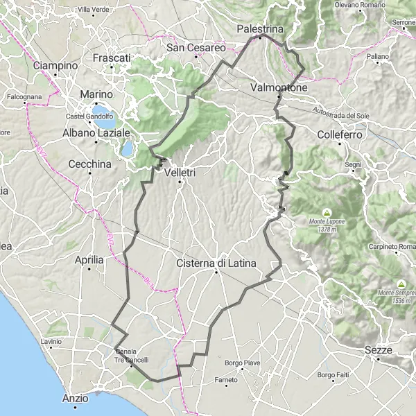 Miniatura della mappa di ispirazione al ciclismo "Esplorazione ciclistica delle colline e montagne intorno a Cave" nella regione di Lazio, Italy. Generata da Tarmacs.app, pianificatore di rotte ciclistiche