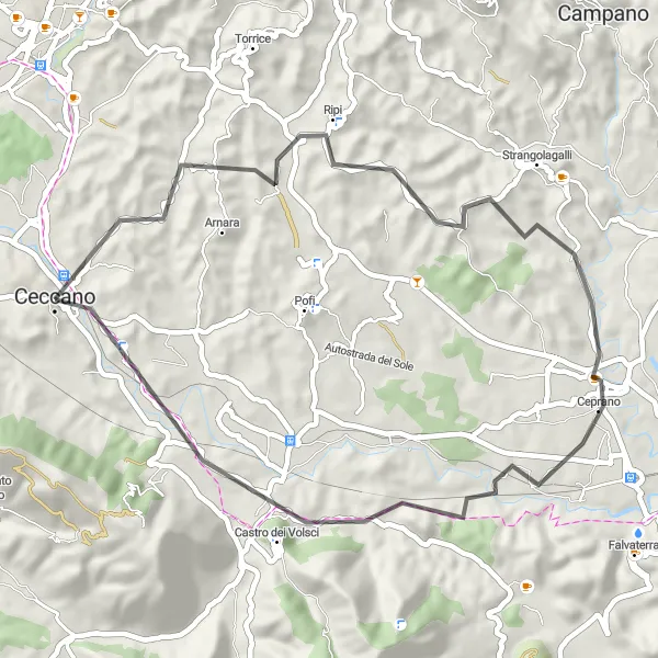 Map miniature of "The Ripi Loop" cycling inspiration in Lazio, Italy. Generated by Tarmacs.app cycling route planner