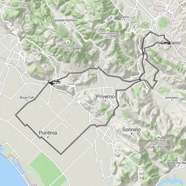 Map miniature of "The Ceccano Loop" cycling inspiration in Lazio, Italy. Generated by Tarmacs.app cycling route planner