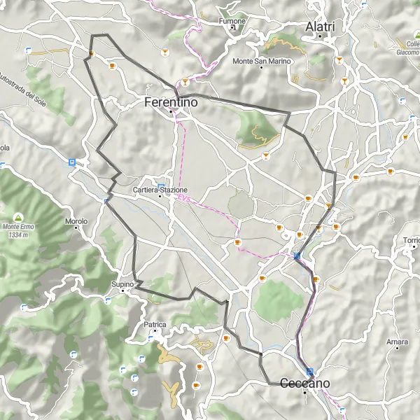 Map miniature of "The Supino Ride" cycling inspiration in Lazio, Italy. Generated by Tarmacs.app cycling route planner