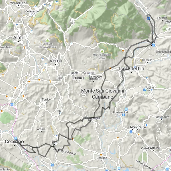 Miniatura della mappa di ispirazione al ciclismo "Tour delle Colline Ciociare" nella regione di Lazio, Italy. Generata da Tarmacs.app, pianificatore di rotte ciclistiche