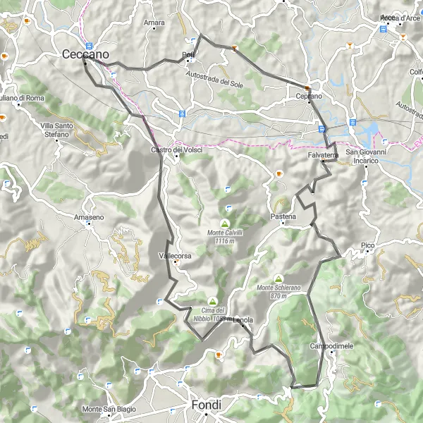 Miniatura della mappa di ispirazione al ciclismo "Esplorazione panoramica di Lenola" nella regione di Lazio, Italy. Generata da Tarmacs.app, pianificatore di rotte ciclistiche