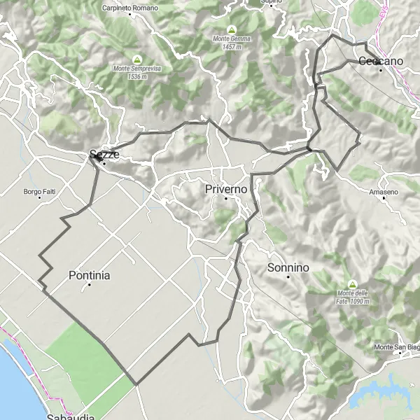 Miniatura della mappa di ispirazione al ciclismo "Giro Through Scenic Sezze Countryside" nella regione di Lazio, Italy. Generata da Tarmacs.app, pianificatore di rotte ciclistiche