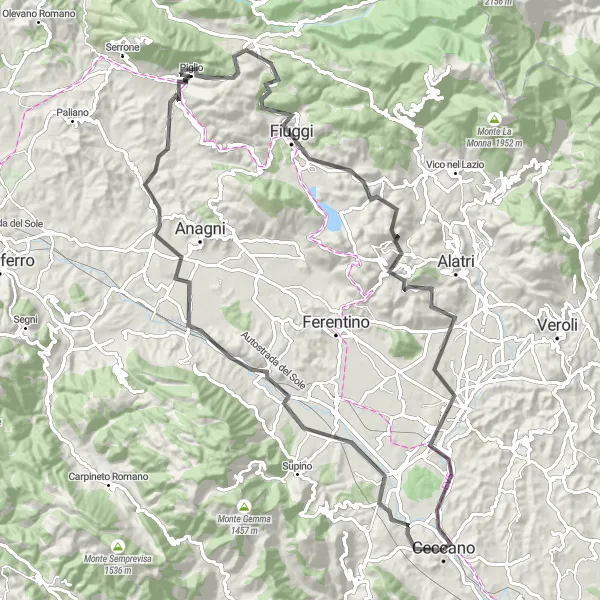 Miniatura della mappa di ispirazione al ciclismo "Giro dei Monti Ernici" nella regione di Lazio, Italy. Generata da Tarmacs.app, pianificatore di rotte ciclistiche