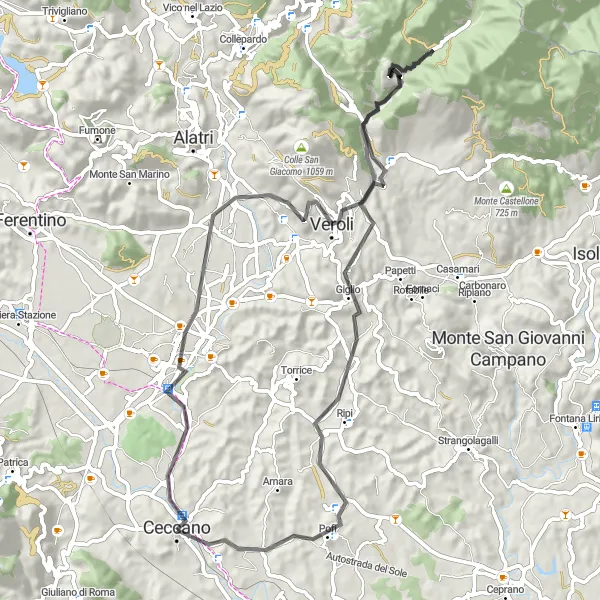 Miniatura della mappa di ispirazione al ciclismo "Scenic Route to Veroli Castle" nella regione di Lazio, Italy. Generata da Tarmacs.app, pianificatore di rotte ciclistiche