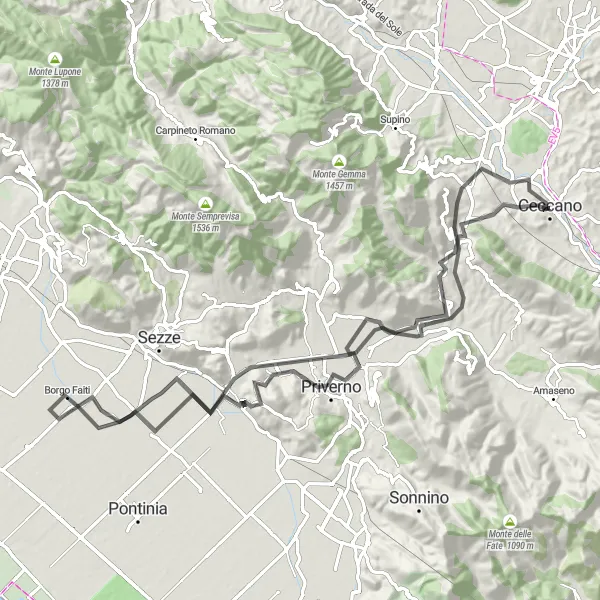 Miniatura della mappa di ispirazione al ciclismo "Giro Challenging Road to Priverno" nella regione di Lazio, Italy. Generata da Tarmacs.app, pianificatore di rotte ciclistiche