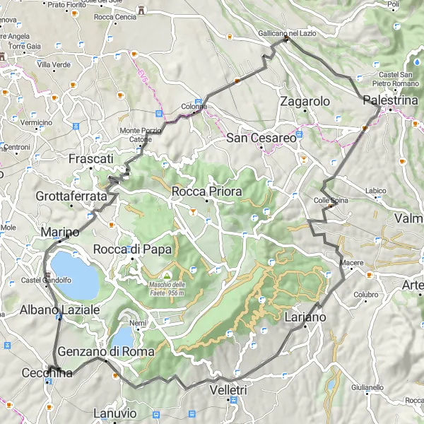 Miniatura della mappa di ispirazione al ciclismo "Esplorazione delle Colline Romane da Cecchina" nella regione di Lazio, Italy. Generata da Tarmacs.app, pianificatore di rotte ciclistiche