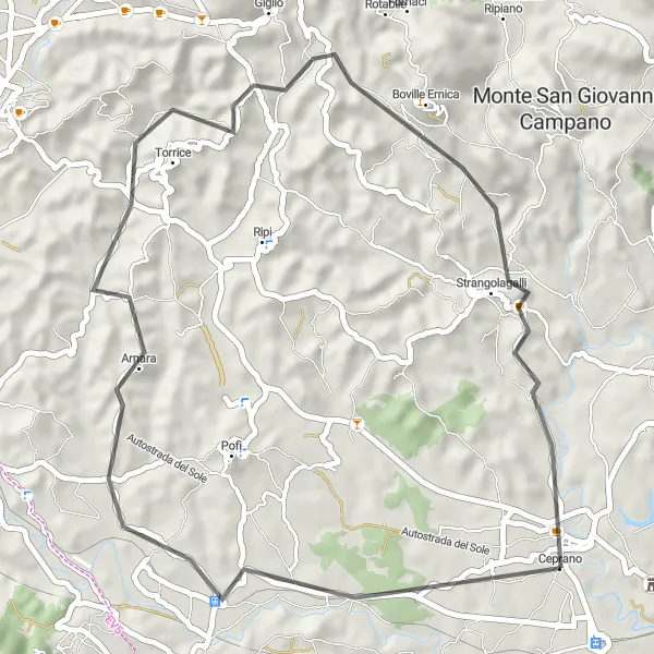 Map miniature of "The Ceprano-Liri Loop" cycling inspiration in Lazio, Italy. Generated by Tarmacs.app cycling route planner