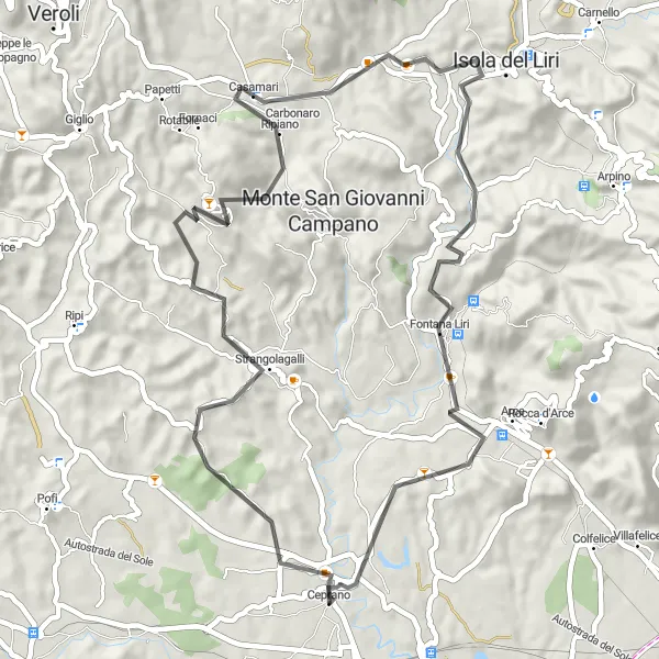 Miniatura della mappa di ispirazione al ciclismo "Tour dei Borghi Fortificati" nella regione di Lazio, Italy. Generata da Tarmacs.app, pianificatore di rotte ciclistiche