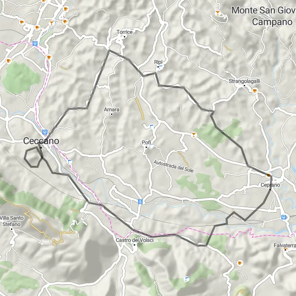 Map miniature of "Ceprano to Ripi Loop" cycling inspiration in Lazio, Italy. Generated by Tarmacs.app cycling route planner