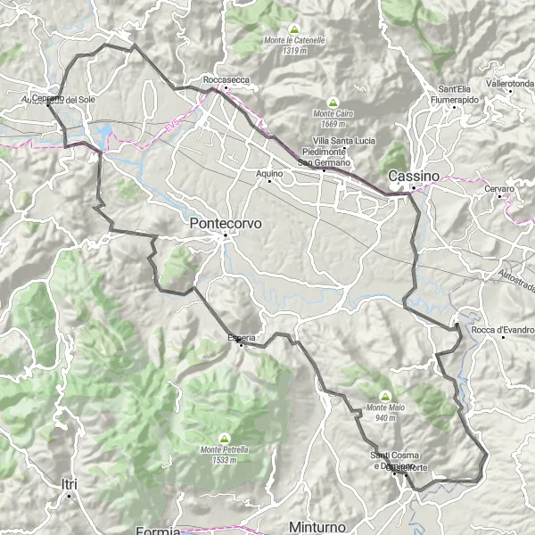 Map miniature of "The Monte Cassino Challenge" cycling inspiration in Lazio, Italy. Generated by Tarmacs.app cycling route planner