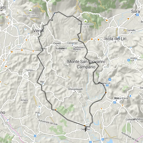 Miniatura della mappa di ispirazione al ciclismo "Giro dei Monti del Lazio" nella regione di Lazio, Italy. Generata da Tarmacs.app, pianificatore di rotte ciclistiche