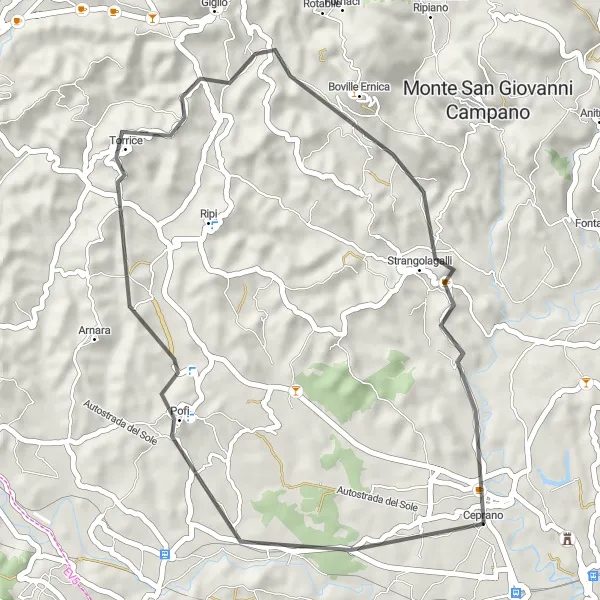 Map miniature of "Ceprano to Strangolagalli Loop" cycling inspiration in Lazio, Italy. Generated by Tarmacs.app cycling route planner